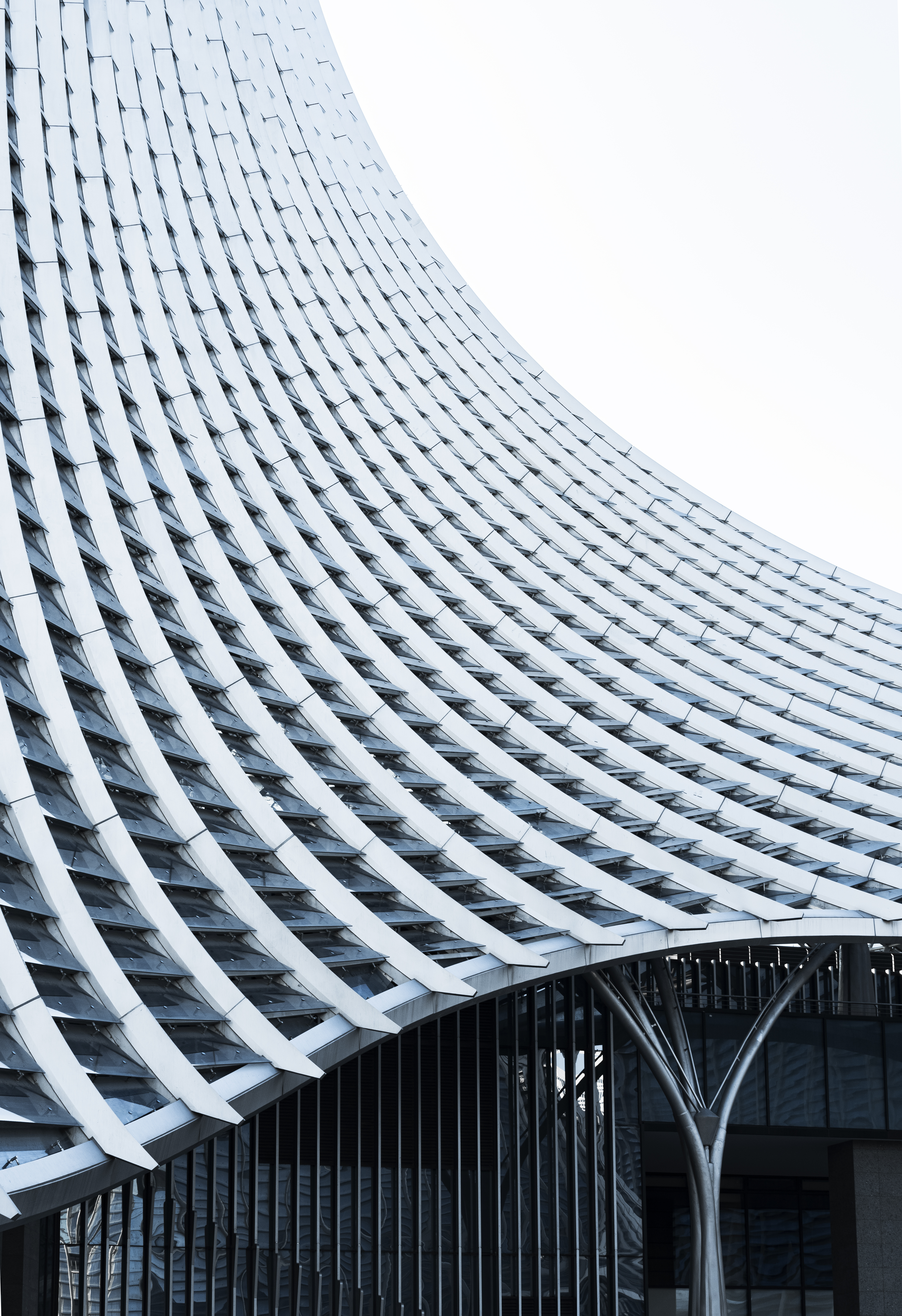 Curved architectural façade with a repeating white grid structure creating a rhythmic, systemic pattern